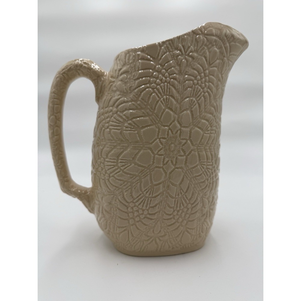 Beaver Farm Pottery Beige‎ Laced Pattern Ceramic Pitcher 24 oz Glossy 8 in